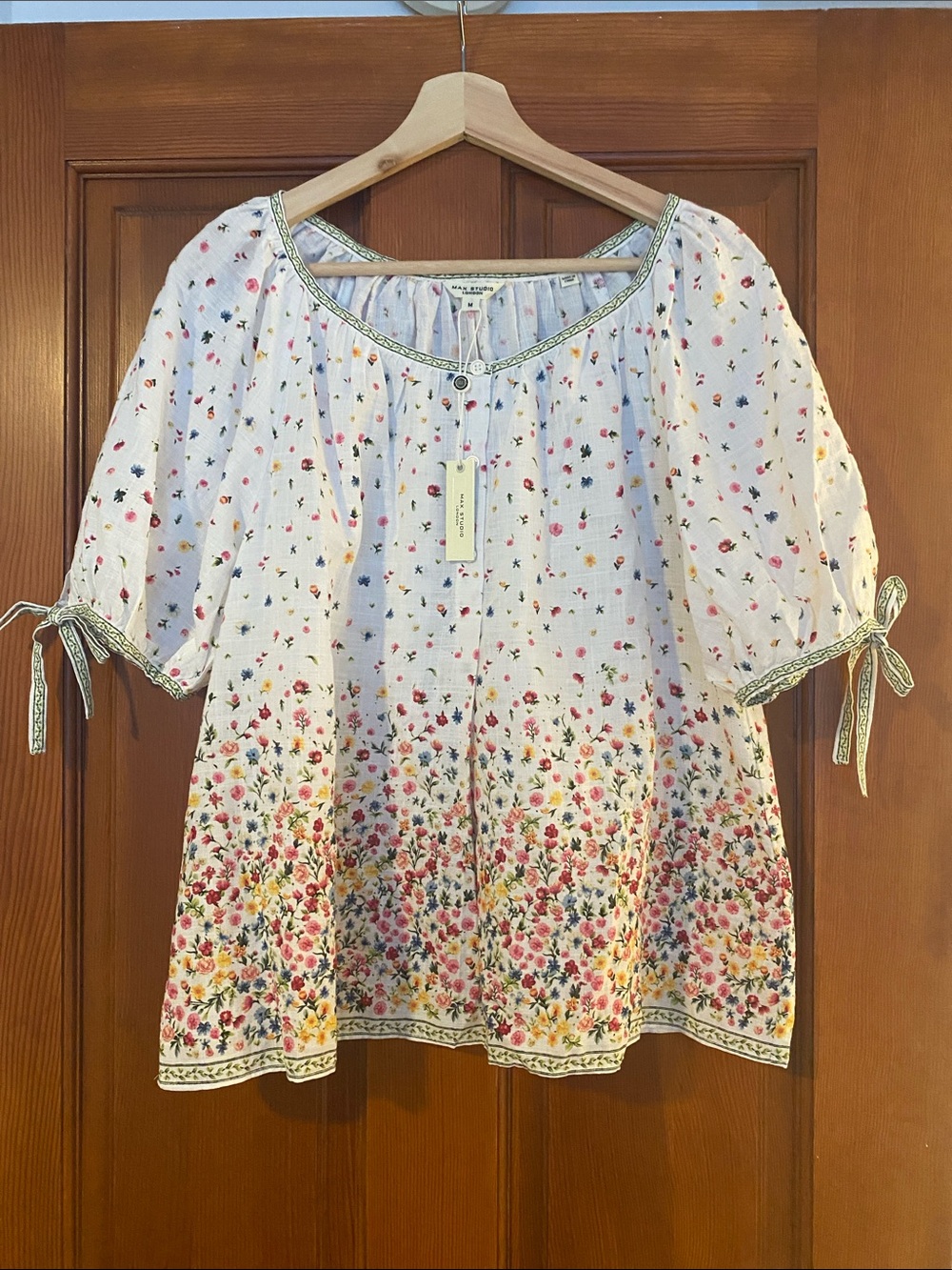 Max Studio White Floral Border Peasant Blouse with Tie Sleeves